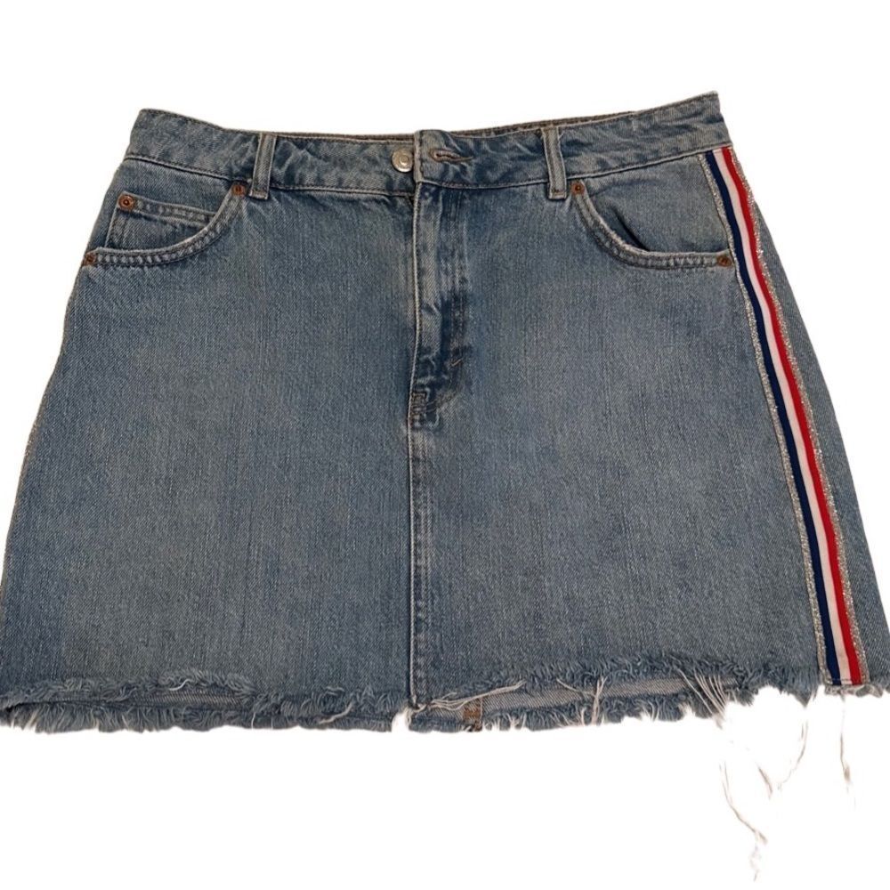 NWOT Topshop Moto Red White Blue & Sparkle Glitter Size Strip Skirt Size 8 - Picture 2 of 15